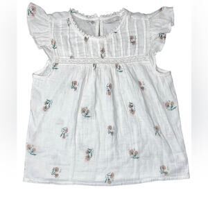 Lucky Brand White Floral Mix Ruffle Cap Sleeve Top Small Boho Dainty Feminine